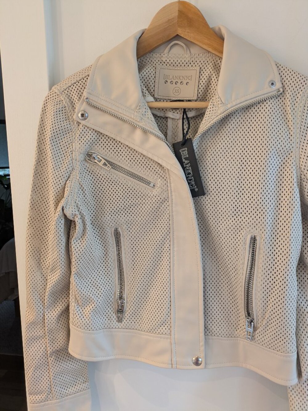 BLANK NYC Imelda Cream Perforated Vegan Leather Moto Jacket Size XS NWT.